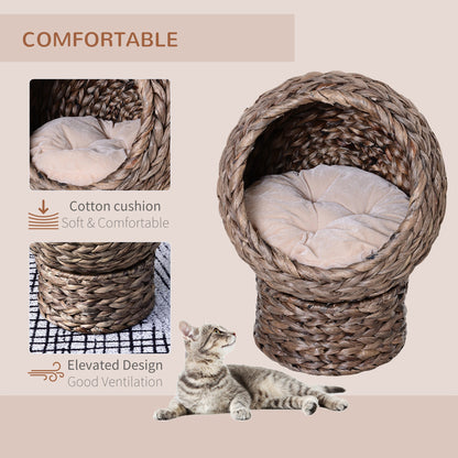 PawHut Wicker Cat Bed, Raised Rattan Cat Basket with Cylindrical Base, Soft Washable Cushion, 42 x 33 x 52cm - Brown