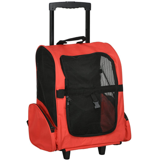 PawHut Pet Travel Backpack Bag Cat Puppy Dog Carrier w/ Trolley and Telescopic Handle Portable Stroller Wheel Luggage Bag (Red)