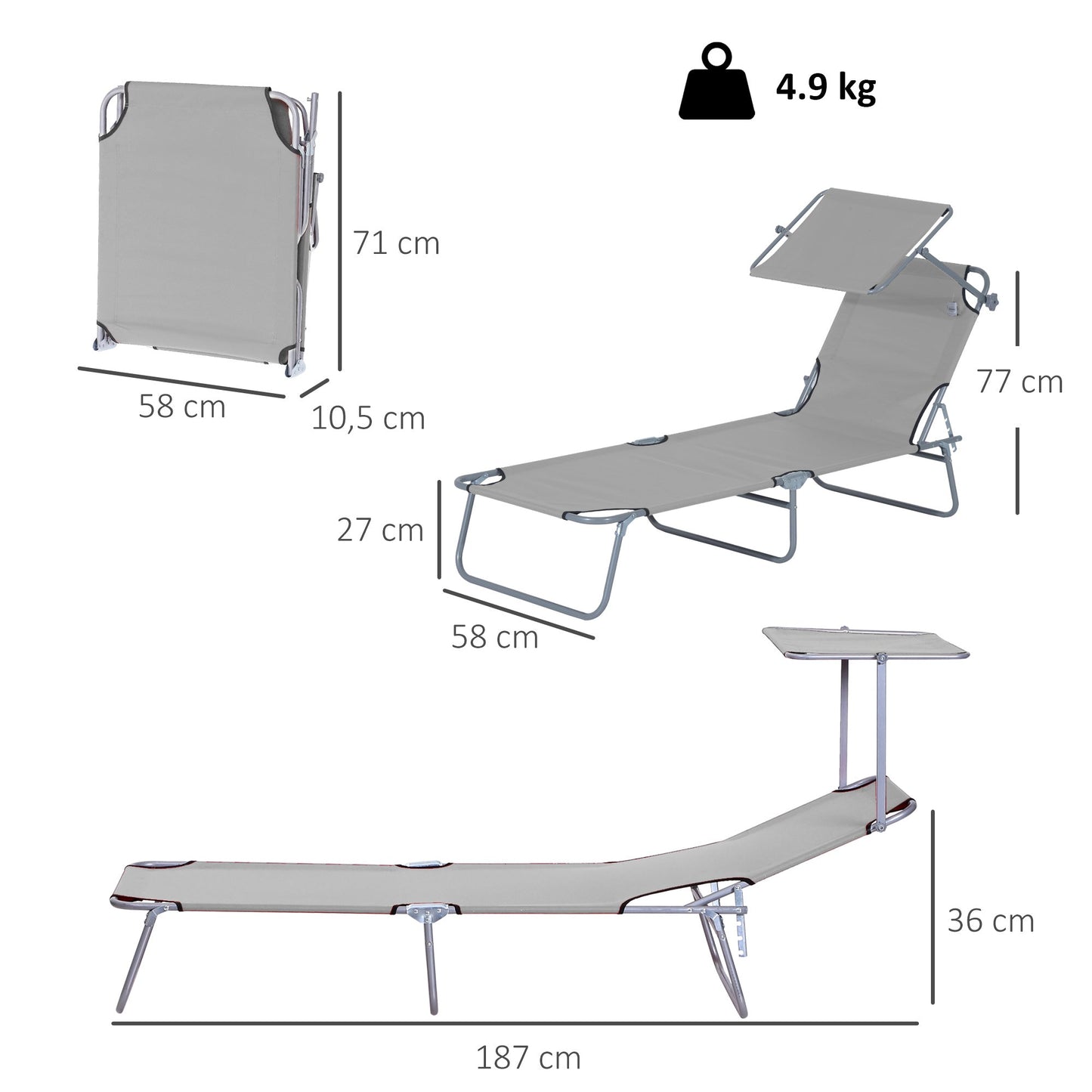 Outsunny Outdoor Foldable Sun Lounger, 4 Level Adjustable Backrest Reclining Sun Lounger Chair with Angle Adjust Sun Shade Awning for Beach, Garden, Patio, Light Grey