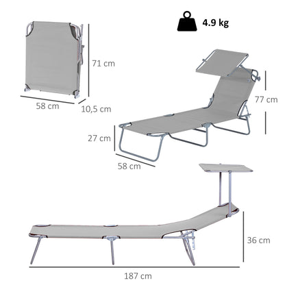 Outsunny Outdoor Foldable Sun Lounger, 4 Level Adjustable Backrest Reclining Sun Lounger Chair with Angle Adjust Sun Shade Awning for Beach, Garden, Patio, Light Grey