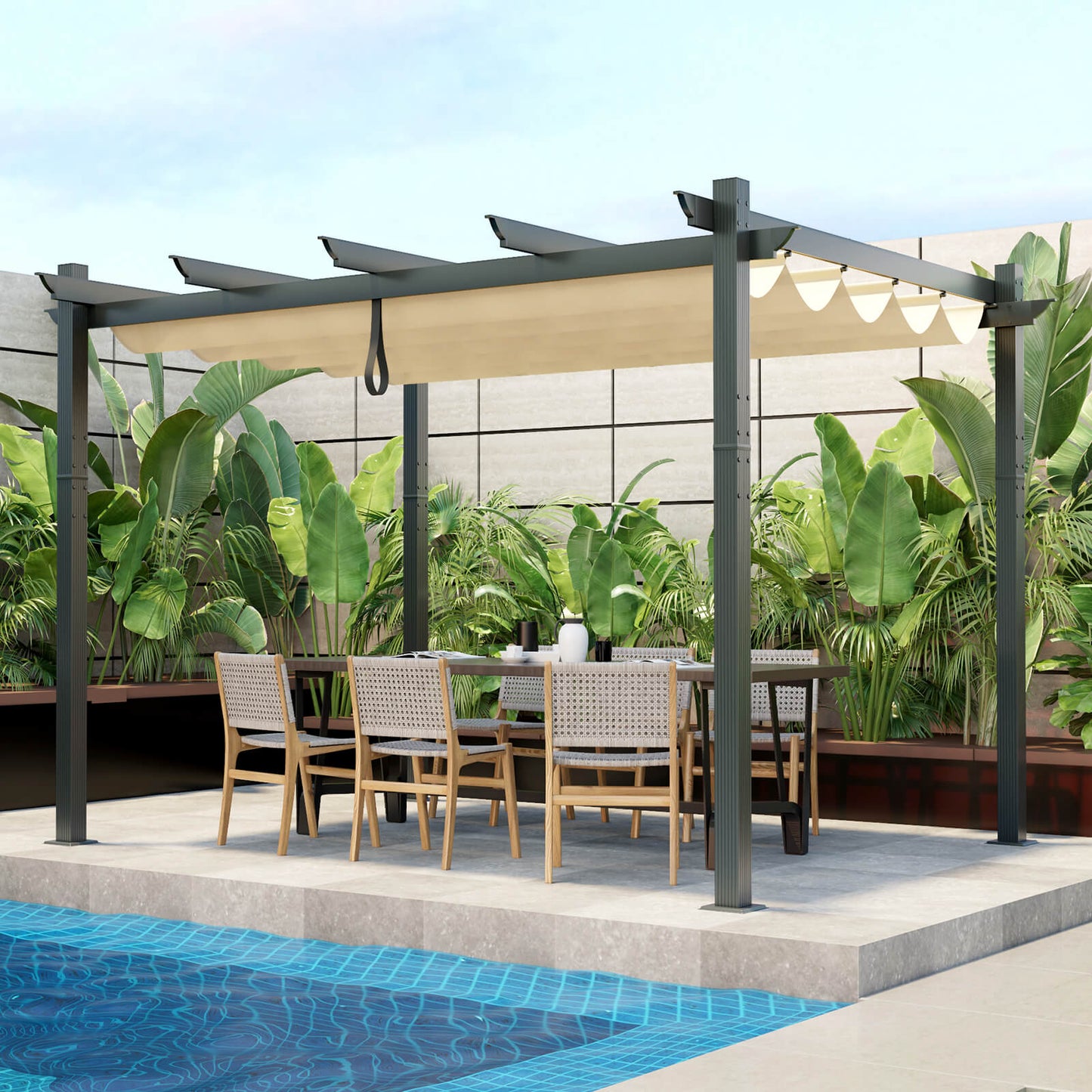 2.9 x 3.6 m Outdoor Retractable Pergola with Canopy Cover-Beige