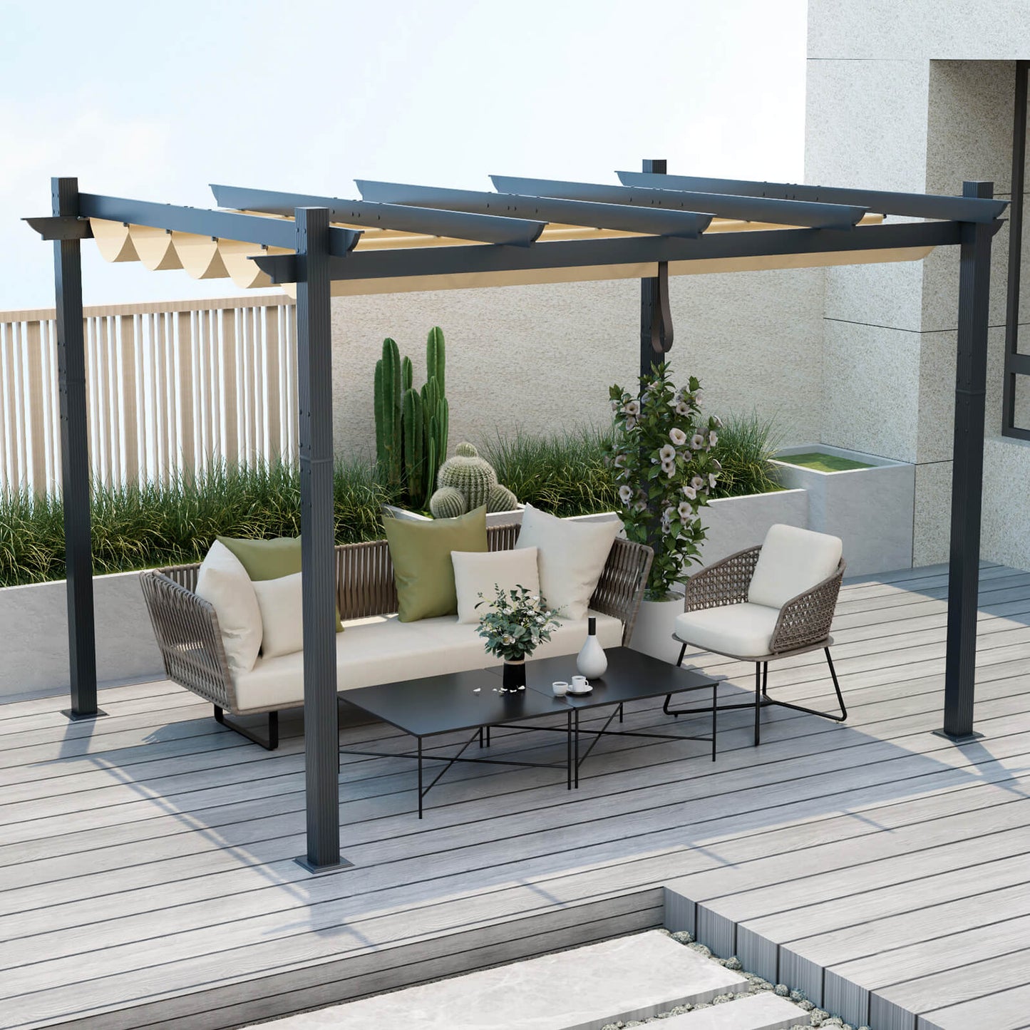 2.9 x 3.6 m Outdoor Retractable Pergola with Canopy Cover-Beige