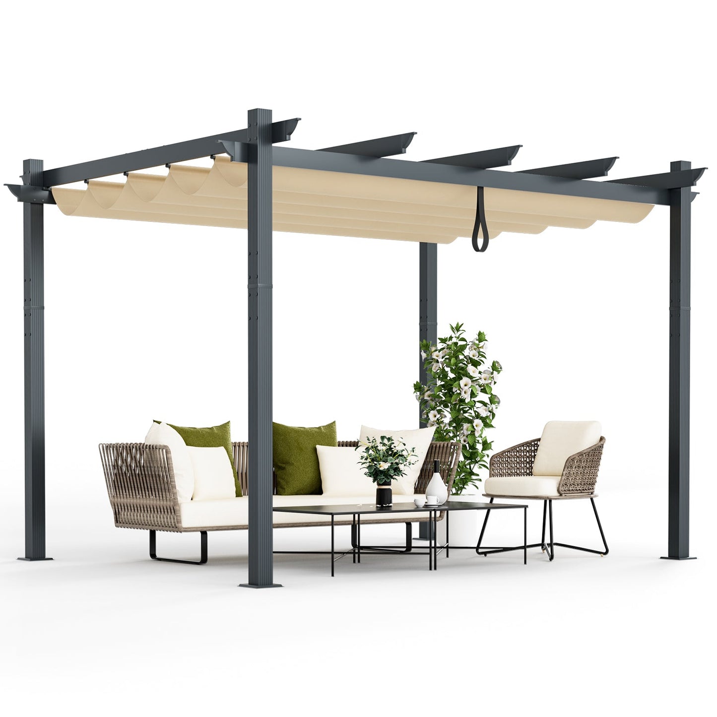 2.9 x 3.6 m Outdoor Retractable Pergola with Canopy Cover-Beige