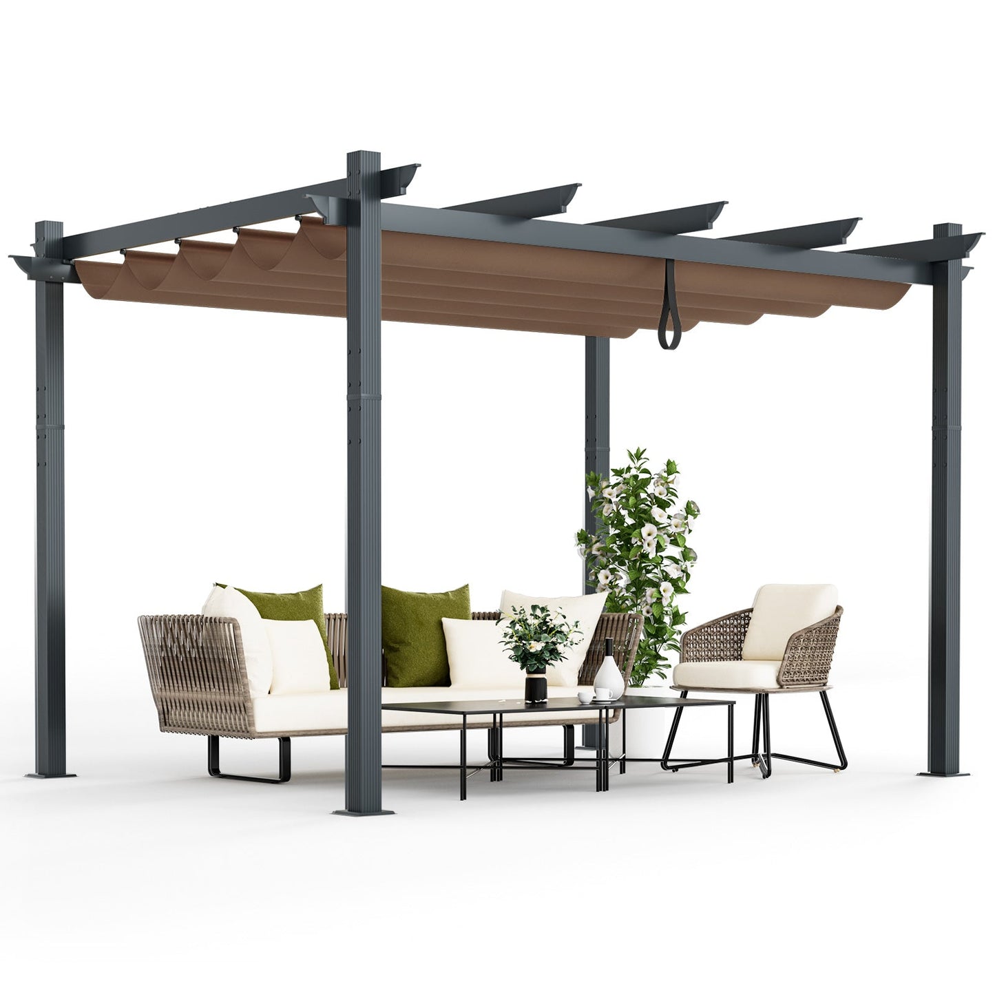 2.9 x 3.6 m Outdoor Retractable Pergola with Canopy Cover-Coffee