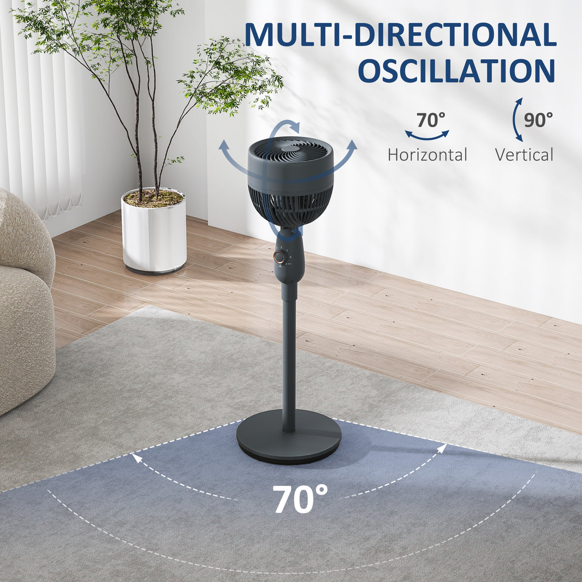HOMCOM Pedestal Fan, Powerful Air Circulator, 36 Inch Floor Standing Fan with 3 Speed Settings, 70° Oscillating for Bedroom, Home and Office, Grey