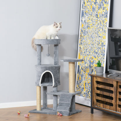 PawHut 100cm Cat Tree Tower Condo Multi Platform Kitty Cat Center مع سلم تسلق وخدش عمود لعبة معلق، رمادي فاتح