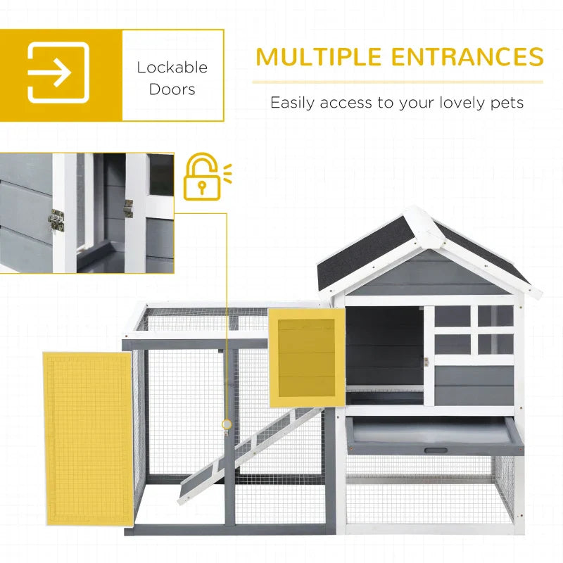 PawHut Rabbit Hutch Outdoor Wooden Guinea Pig Hutch Rabbit Run Bunny Cage Small Animal House Pull-Out Tray, Grey, 122 x 62.6 x 92 cm