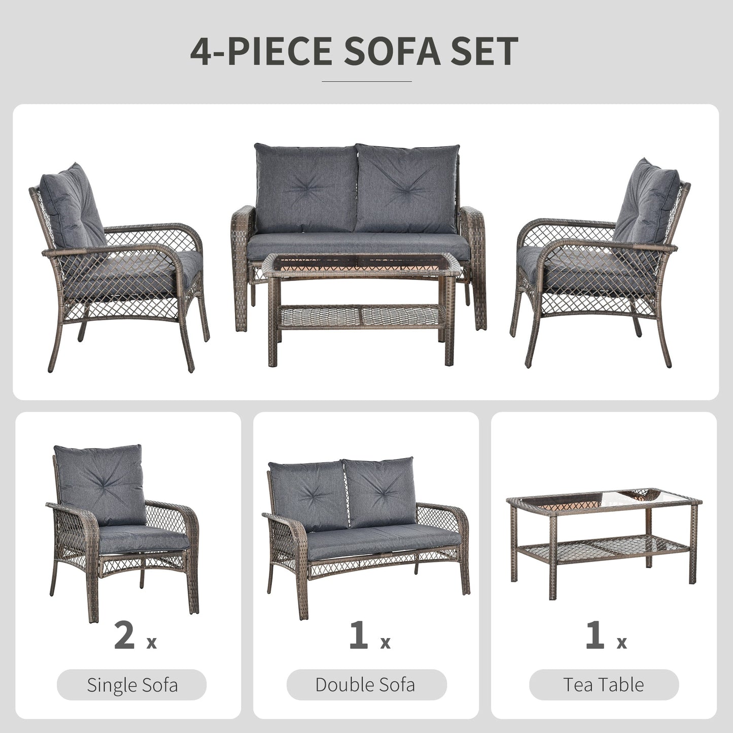 Outsunny 4-Seater Patio PE Rattan Wicker Sofa Sets Outdoor All Weather Conversation Furniture w/ Two Tier Tea Table & Cushions for Backyard Garden Grey