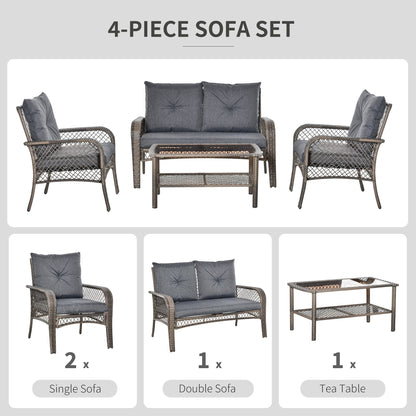 Outsunny 4-Seater Patio PE Rattan Wicker Sofa Sets Outdoor All Weather Conversation Furniture w/ Two Tier Tea Table & Cushions for Backyard Garden Grey