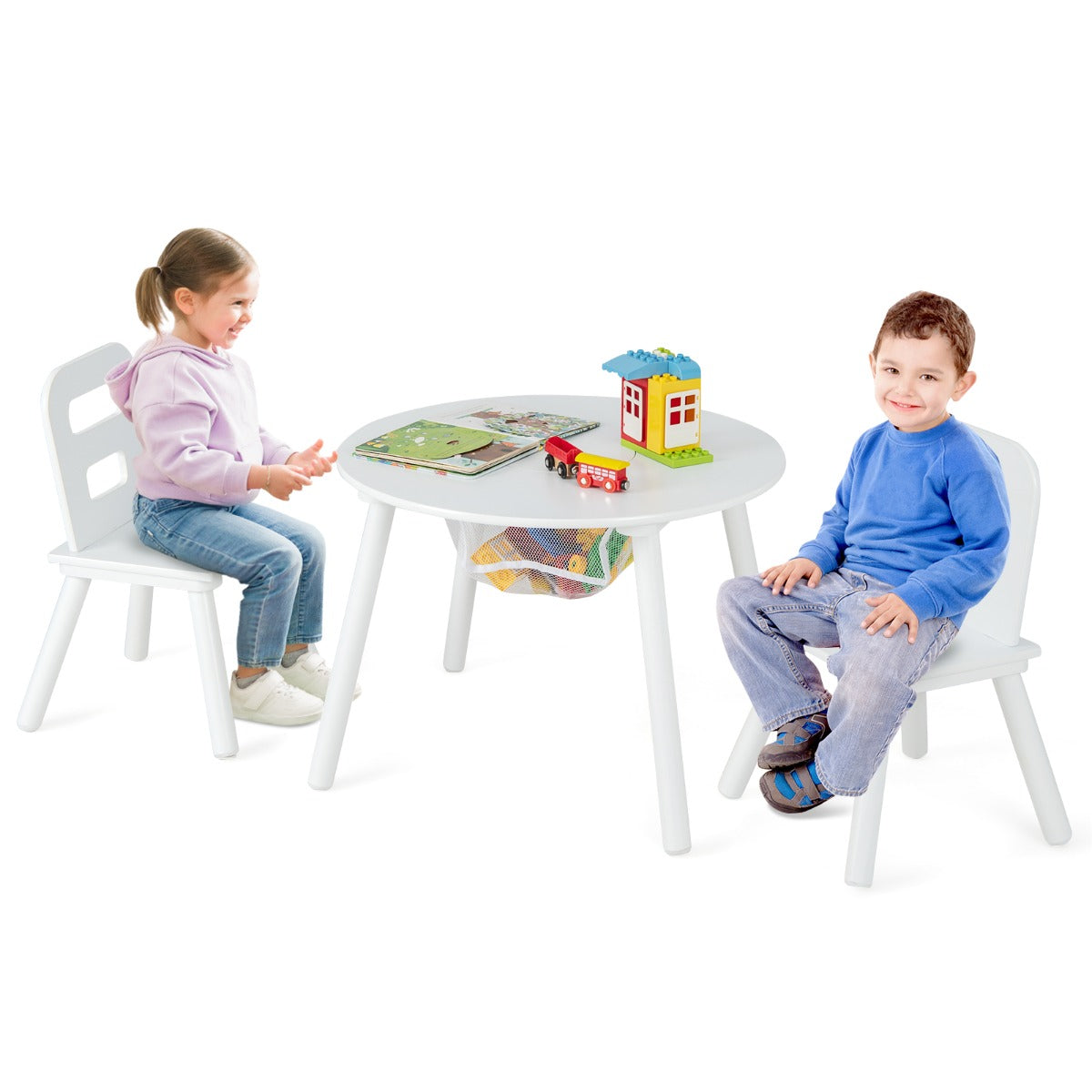 3pcs Wooden Kid's Activity Table Set with Mesh Storage-White