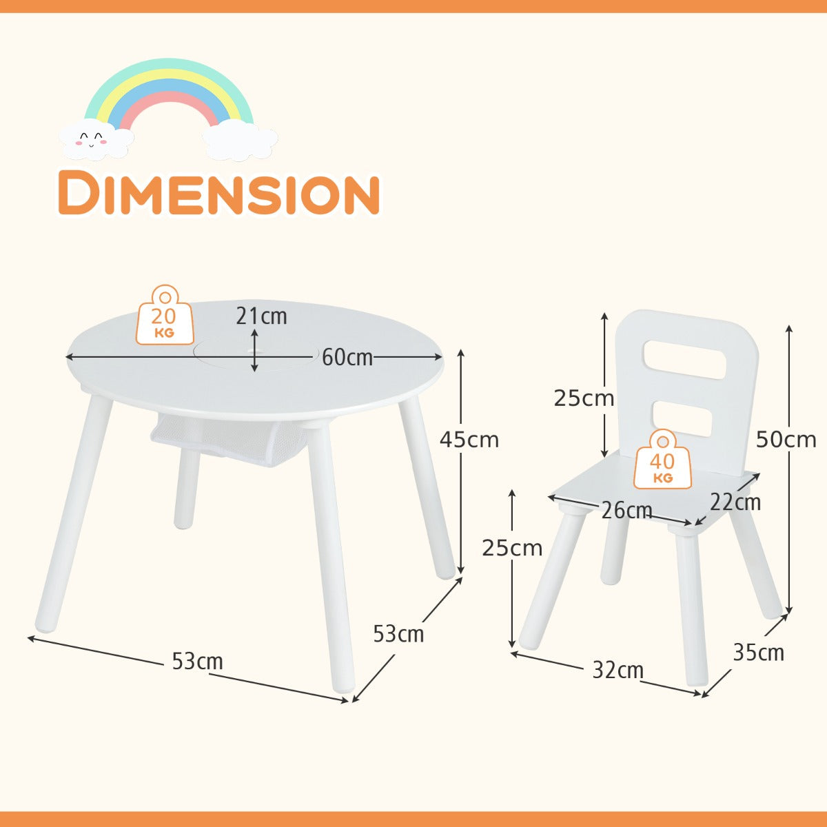 3pcs Wooden Kid's Activity Table Set with Mesh Storage-White