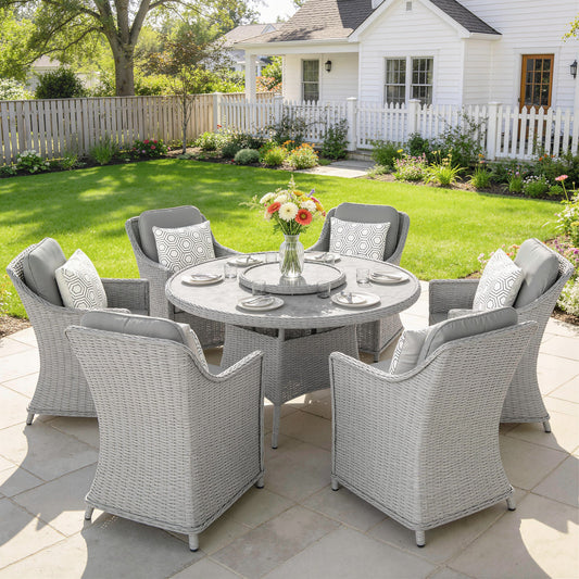 Outsunny Rattan Garden Dining Set with Lazy Susan, Marble Effect Glass Round Garden Table and Chairs with Aluminium Frame, Grey