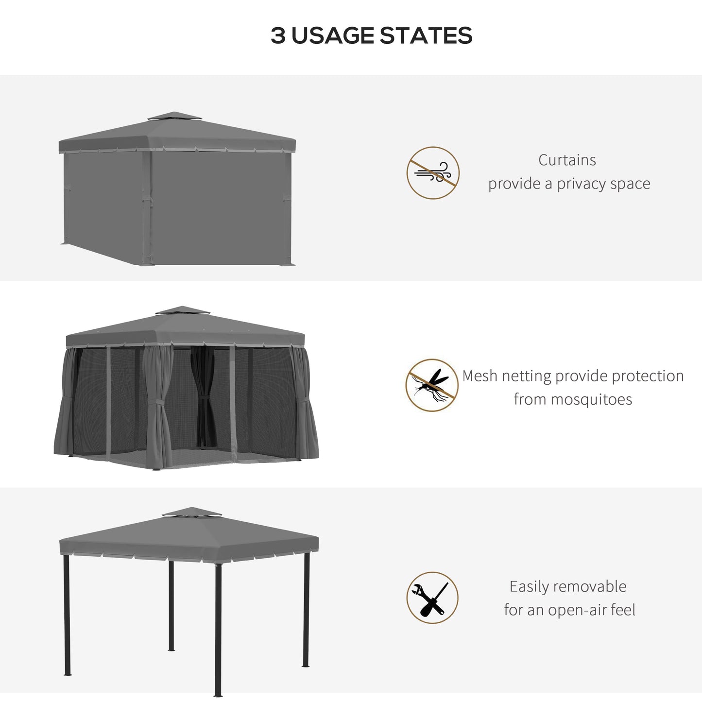Outsunny 3 x 3(m) Patio Altana Baldachim Pawilon ogrodowy Namiot schronienie namiot z 2-poziomowym dachem hydrofobowym, moskitierą i zasłonami, aluminiowa rama, ciemnoszary