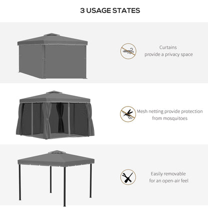 Outsunny 3 x 3(m) Patio Altana Baldachim Pawilon ogrodowy Namiot schronienie namiot z 2-poziomowym dachem hydrofobowym, moskitierą i zasłonami, aluminiowa rama, ciemnoszary