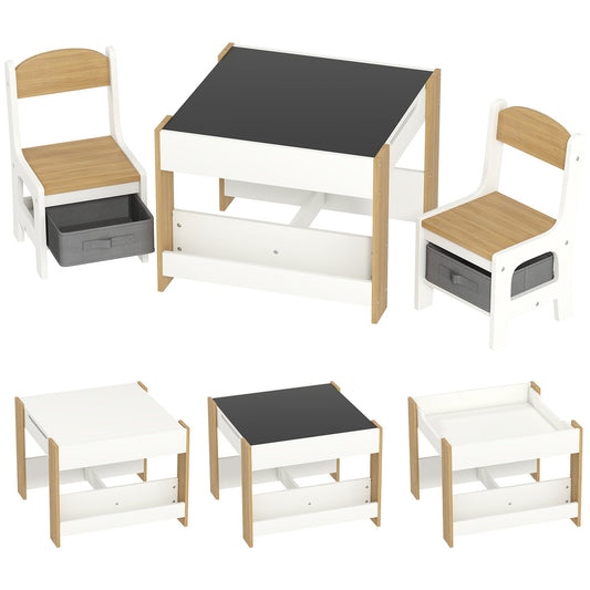 HOMCOM Three-Piece Kids Table and Chair Set with Blackboard, Storage, Bookshelves - Natural Wood
