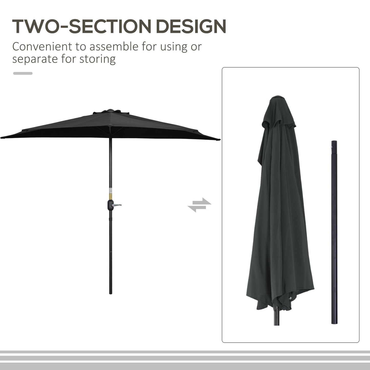 Outsunny 2.7m Garden Half Parasol, Outdoor Balcony Umbrella with 5 Steel Ribs, Patio Sun Shade, Black