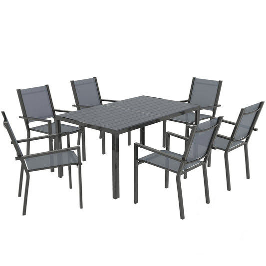 Zestaw mebli ogrodowych Outsunny 7-częściowy, zestaw mebli ogrodowych z 6 składanymi krzesłami i prostokątnym stołem o długości 150 cm, blat z listew WPC, rama ze stali odpornej na rdzę, do ogrodu, na werandę i taras