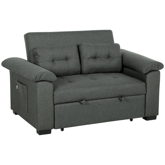 HOMCOM Pull Out Sofa Bed, Fabric 2 Seater Click Clack Sofa Bed Settee with 2 Pocket Springs, Convertible Sofa Couch with Pillows and Side Pockets for Living Room, Home Office, Charcoal Grey