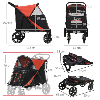 PawHut One-Click Foldable Pet Travel Stroller with Rain Cover, Cat Dog Pushchair with Universal Front Wheels, Shock Absorber, Storage Bags, Mesh Window, Safety Leash for Large and Medium Dogs (Red)