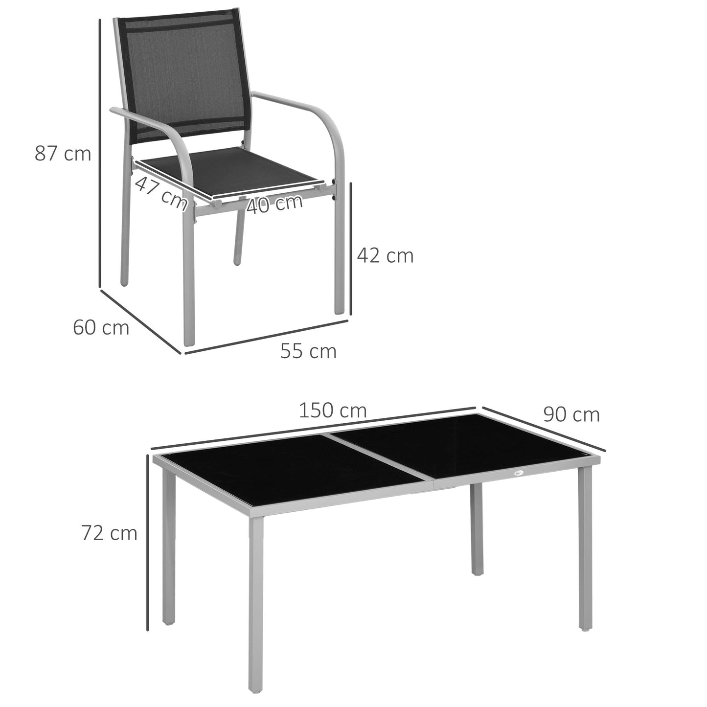 Outsunny 7 Piece Outdoor Garden Dining Set with Table and 6 Stackable Chairs, Steel Frame, Tempered Glass Top, Mesh Seats, Black