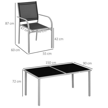 Outsunny 7 Piece Outdoor Garden Dining Set with Table and 6 Stackable Chairs, Steel Frame, Tempered Glass Top, Mesh Seats, Black