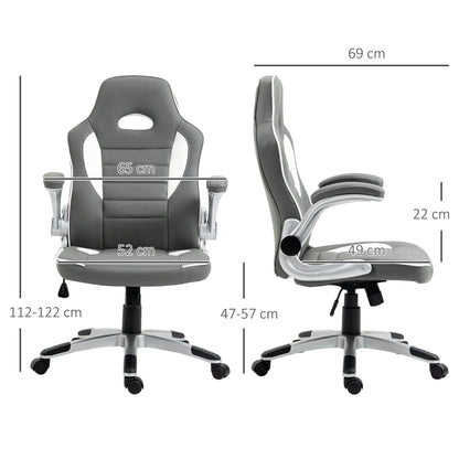 Racing Gaming Chair, PU Leather Computer Desk Chair, Height Adjustable Swivel Chair With Tilt Function and Flip Up Armrests, Grey