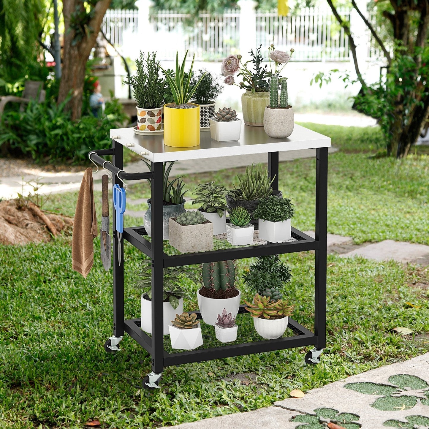 3-tier Outdoor Grill Cart on Wheels with Stainless Steel Top and Handle-Black