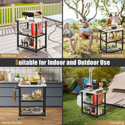 3-Tier Foldable Outdoor Stainless Steel Food Prepare Dining Cart Table on Wheels-Black