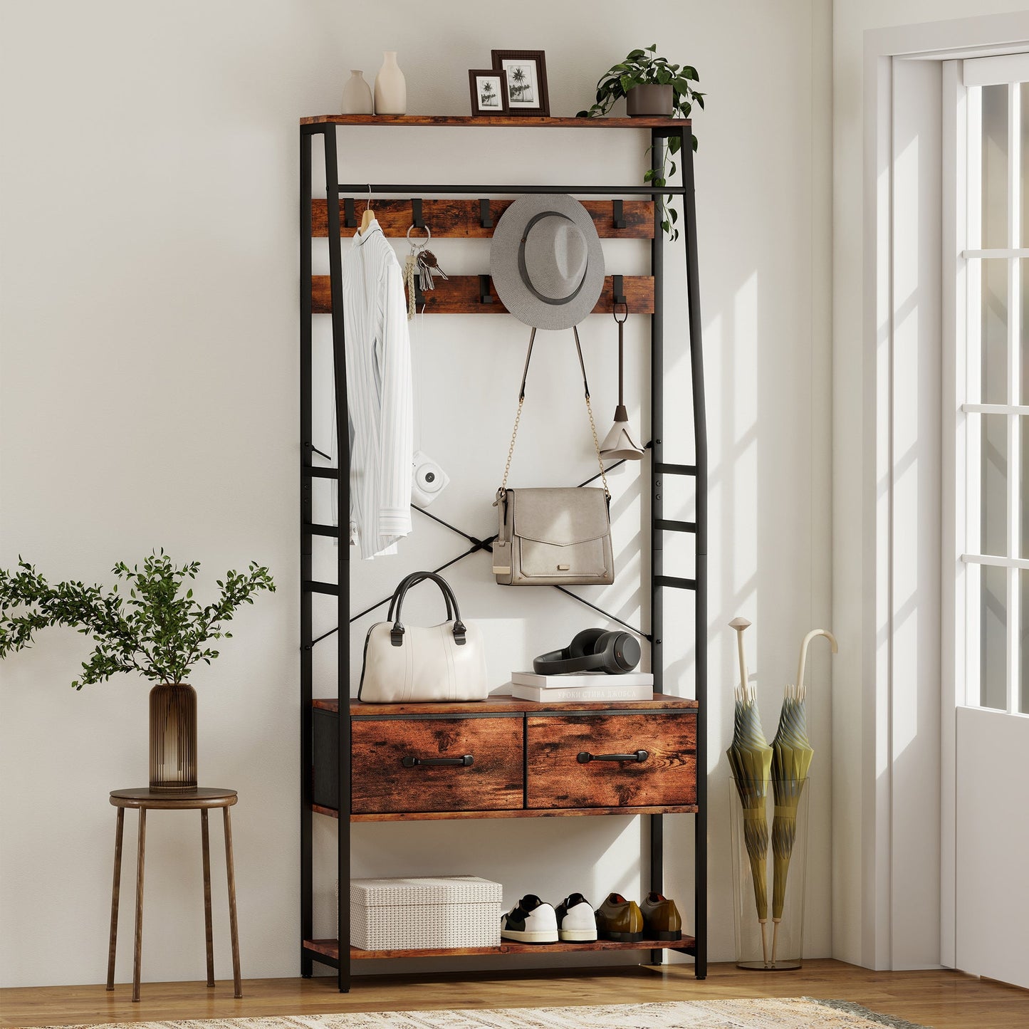 HOMCOM 6-in-1 Industrial-Style Hallway Organiser - Brown/Black