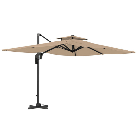Outsunny 3.7 x 2.7 m Cantilever Parasol w/360 Rotation and Easy Tilt Adjustment, Aluminium Hanging Offset Outdoor Umbrella w/Double Top, Cross Base, UPF50+ Hanging Sun Shade, Black Pole