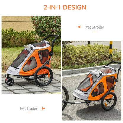 PawHut 2 IN 1 Dog Bicycle Trailer Pet Carrier Stroller 360° Rotatable Front Wheel Reflectors Parking Brake Straps Cup Holder Water Resistant Orange