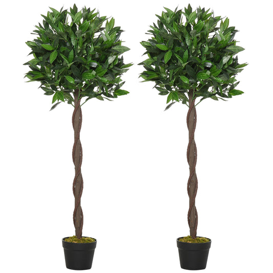 Outsunny Set Of 2 120cm/4FT Artificial Bay Laurel Topiary Trees w/ Pot Fake Indoor Outdoor Greenery Plant Home Office Garden Decor Green