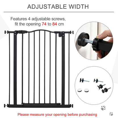 PawHut 74-84cm Adjustable Metal Pet Baby Gate Safety Barrier w/ Auto-Close Door Double Locking Easy-Open Doors Stairs Home Frames Black