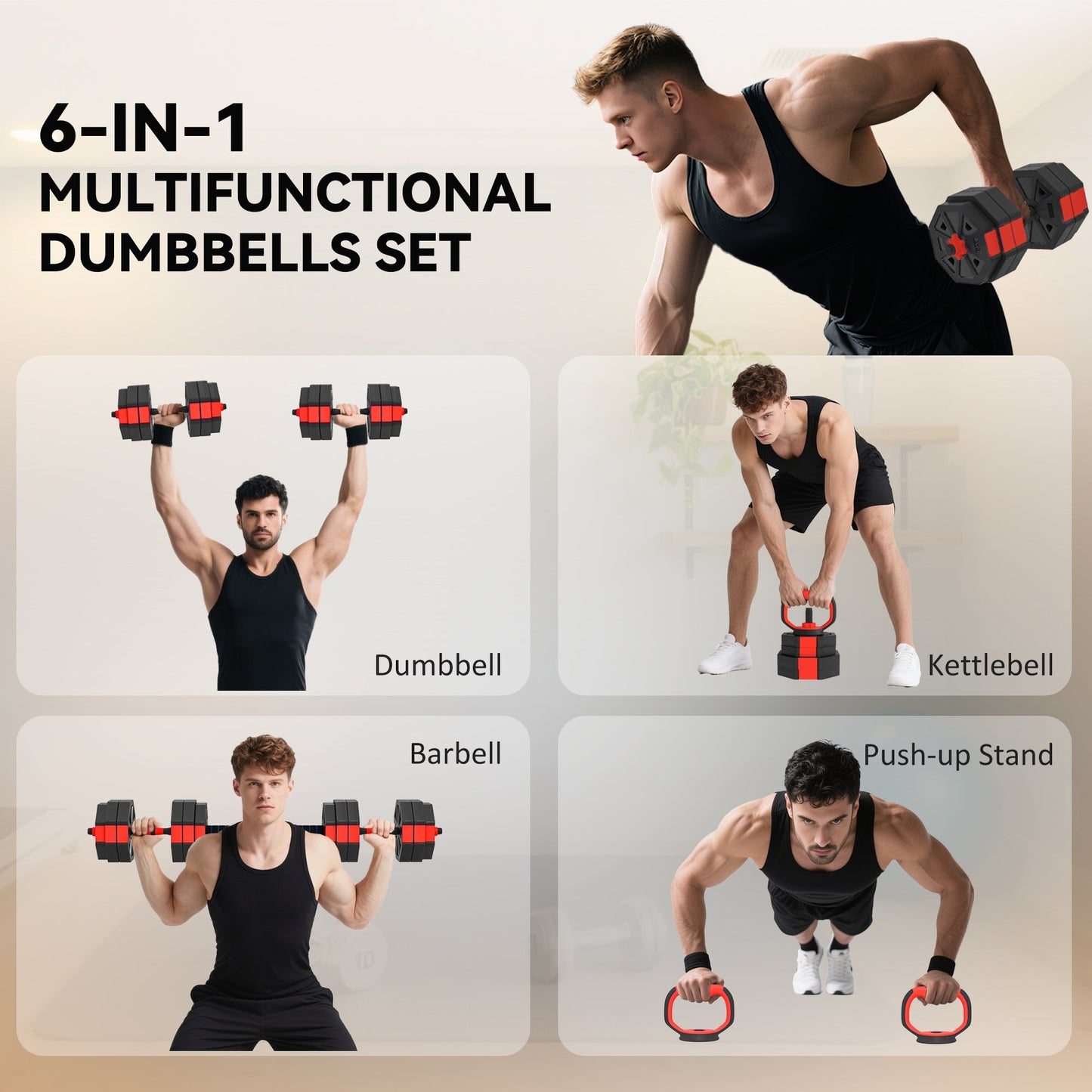 SPORTNOW 6-in-1 Adjustable Weight Dumbbells Set, Used as Kettlebell, Barbell, Dumbbell, Push-Up Stand, 30kg Free Weights Set for Men and Women Home Gym Training, Red