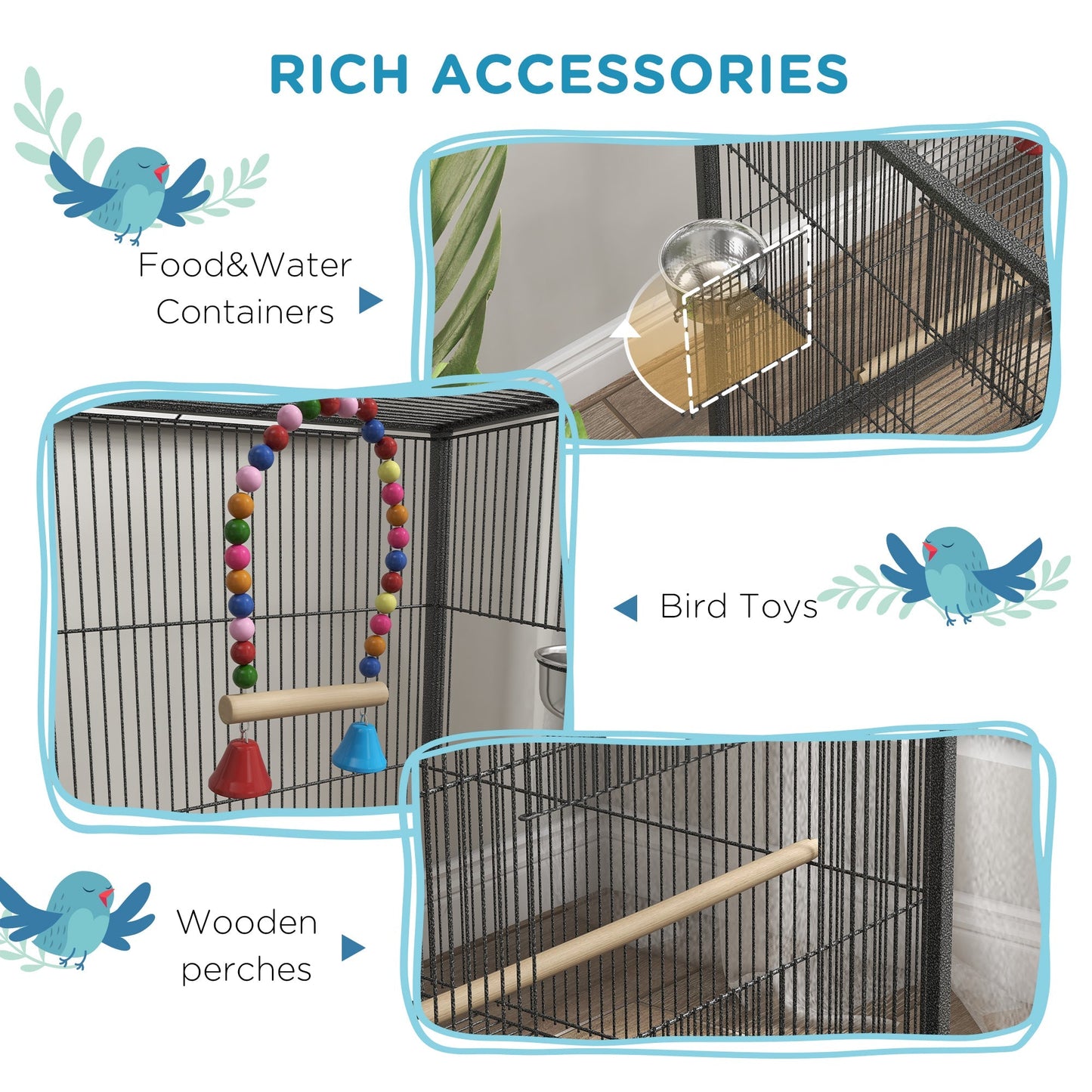 PawHut Bird Cage, Budgie Cage, with Rolling Stand, for Small Birds - Grey