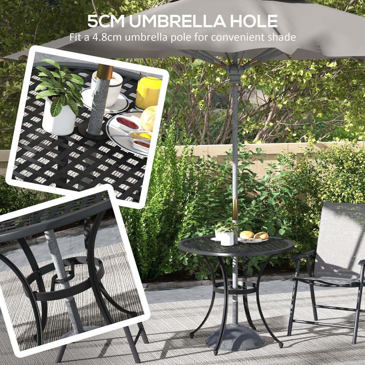 Outsunny Cast Aluminium Bistro Table with Umbrella Hole, 85cm Round Garden Table, Patio Table for Balcony, Poolside, Black