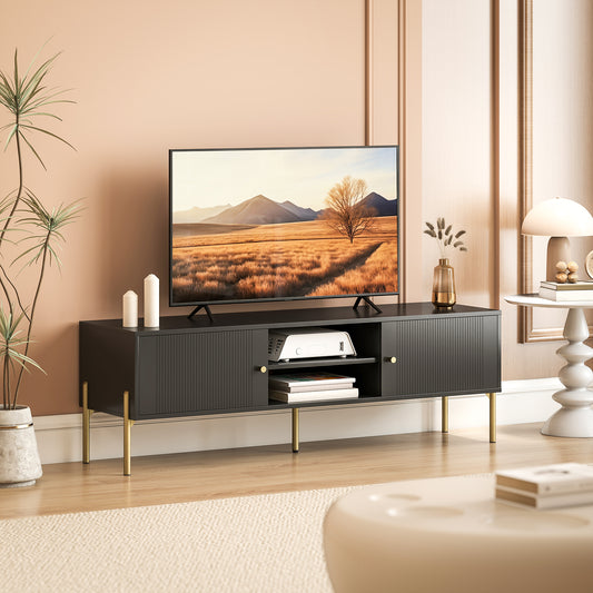 HOMCOM TV Stand for TVs up to 65", Entertainment Center with 2 Open Shelves, 2 Cabinets and Steel Legs for Living Room, Black