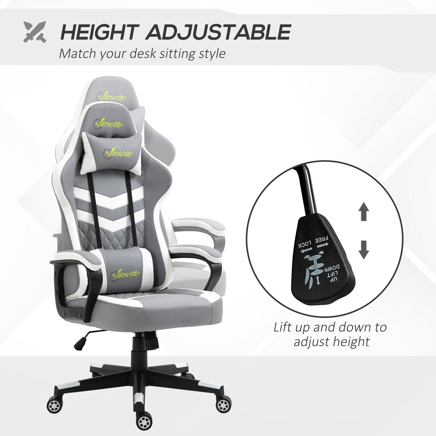 Vinsetto Gaming Chair, Computer Desk Chair with Lumbar Support, Faux Leather Racing Chair with Headrest and Swivel Wheels for Home Office, Grey White