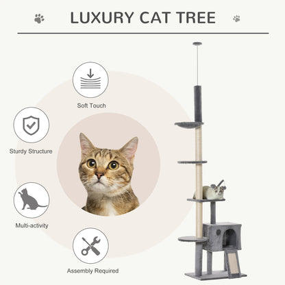 PawHut 280cm Huge Cat Tower Activity Center Floor-to-Ceiling Cat Climbing Toy with Scratching Post Board Hammock Hanging Ball Rest Light Grey