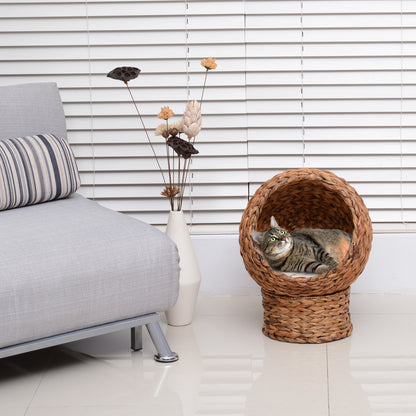 PawHut Wicker Cat Bed, Podwyższony Rattanowy Kosz dla Kota z Cylindryczną Podstawą, Miękka Zmywalna Poduszka, 42 x 33 x 52 cm - Brązowy