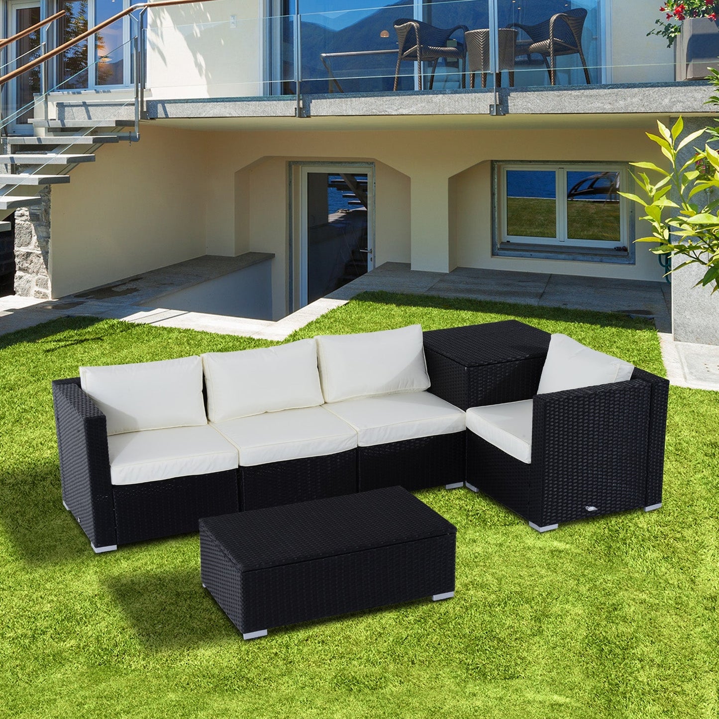 Outsunny 4-Seater Rattan Garden Corner Sofa Set Wicker Weave Furniture With Cushion Black