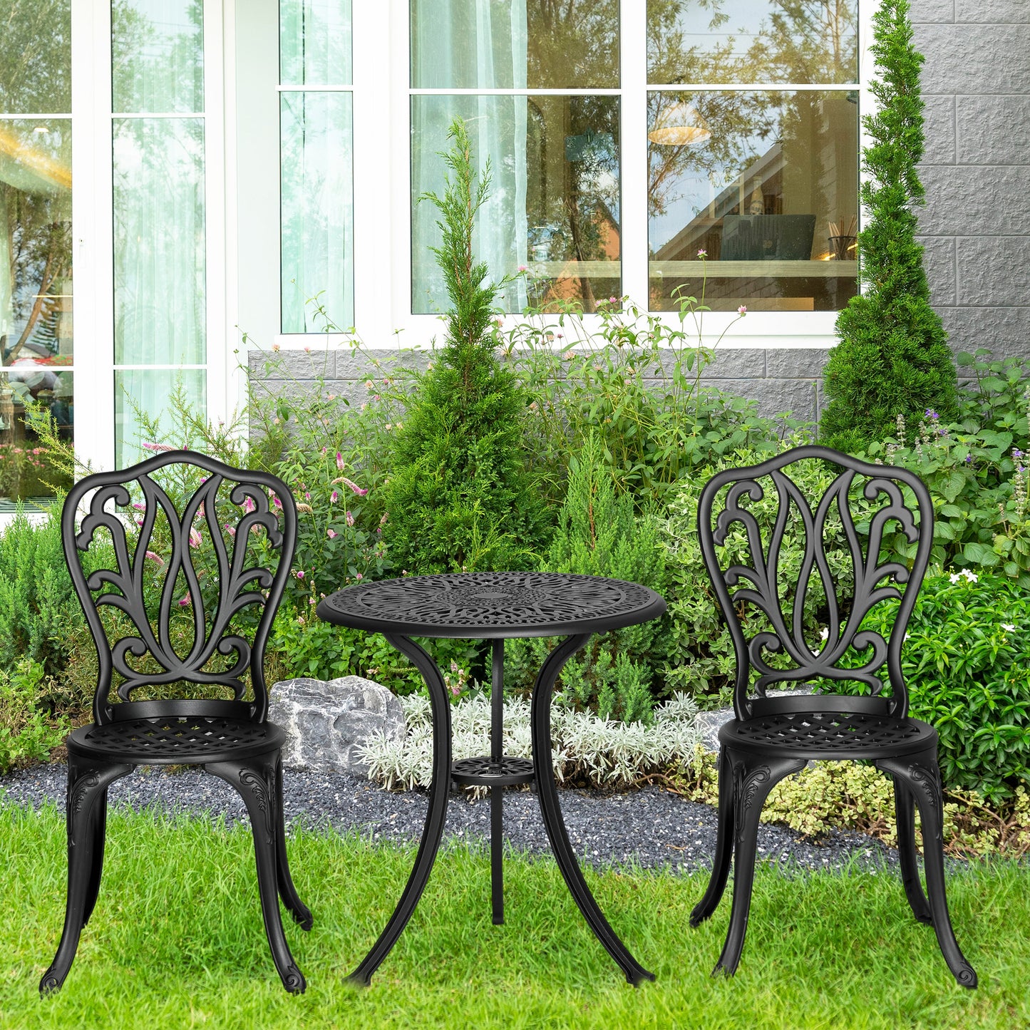 Outsunny 3-częściowy zestaw ogrodowy Bistro, zestaw mebli ogrodowych z odlewu aluminiowego z otworem na parasol na balkon, werandę, patio, czarny