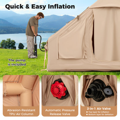 4-6 People Inflatable Tent with 4 Mesh Screen Windows and 2 Doors-Beige