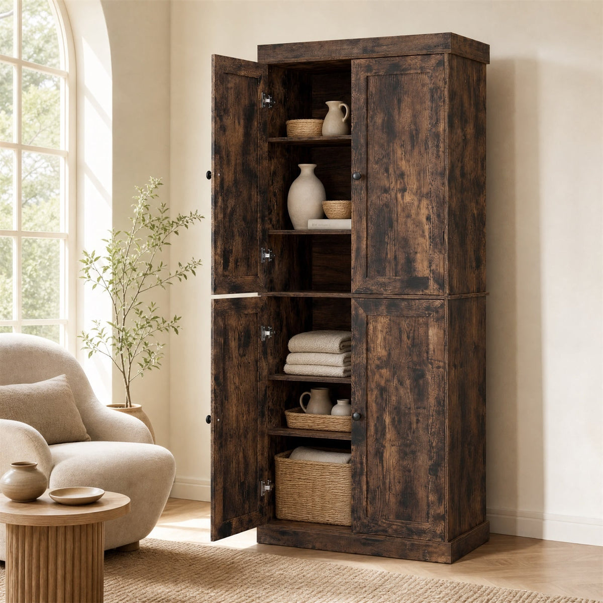 4-Door Modern Freestanding Storage Organizer with 2 Adjustable Shelves in Rustic Brown, image 3