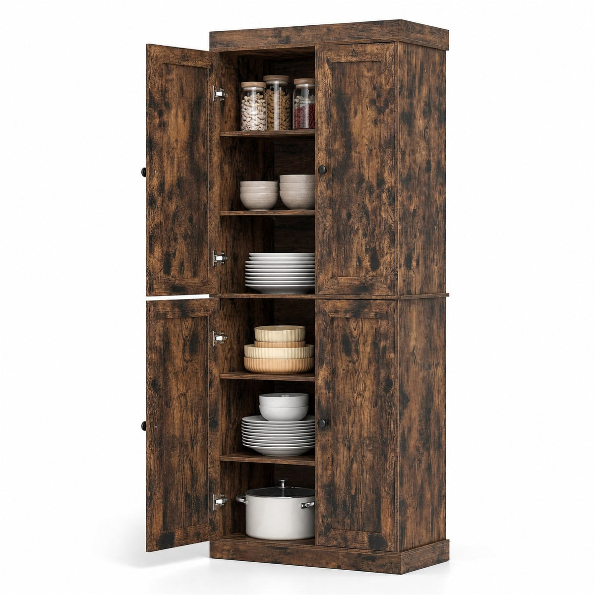 4-Door Modern Freestanding Storage Organizer with 2 Adjustable Shelves in Rustic Brown