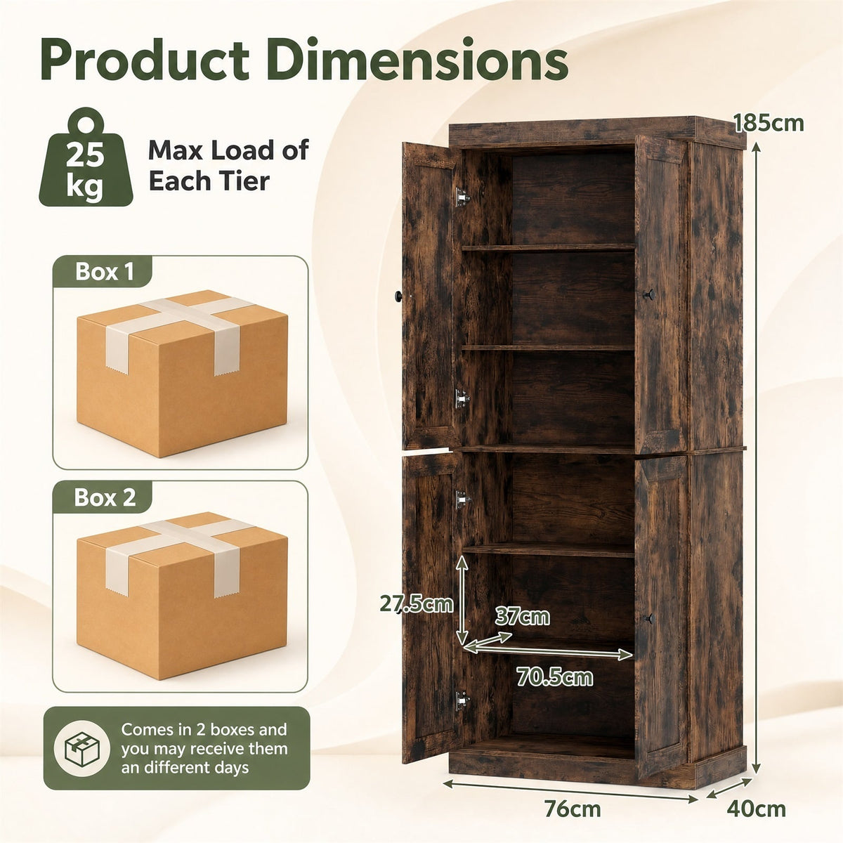 4-Door Modern Freestanding Storage Organizer with 2 Adjustable Shelves in Rustic Brown, image 5