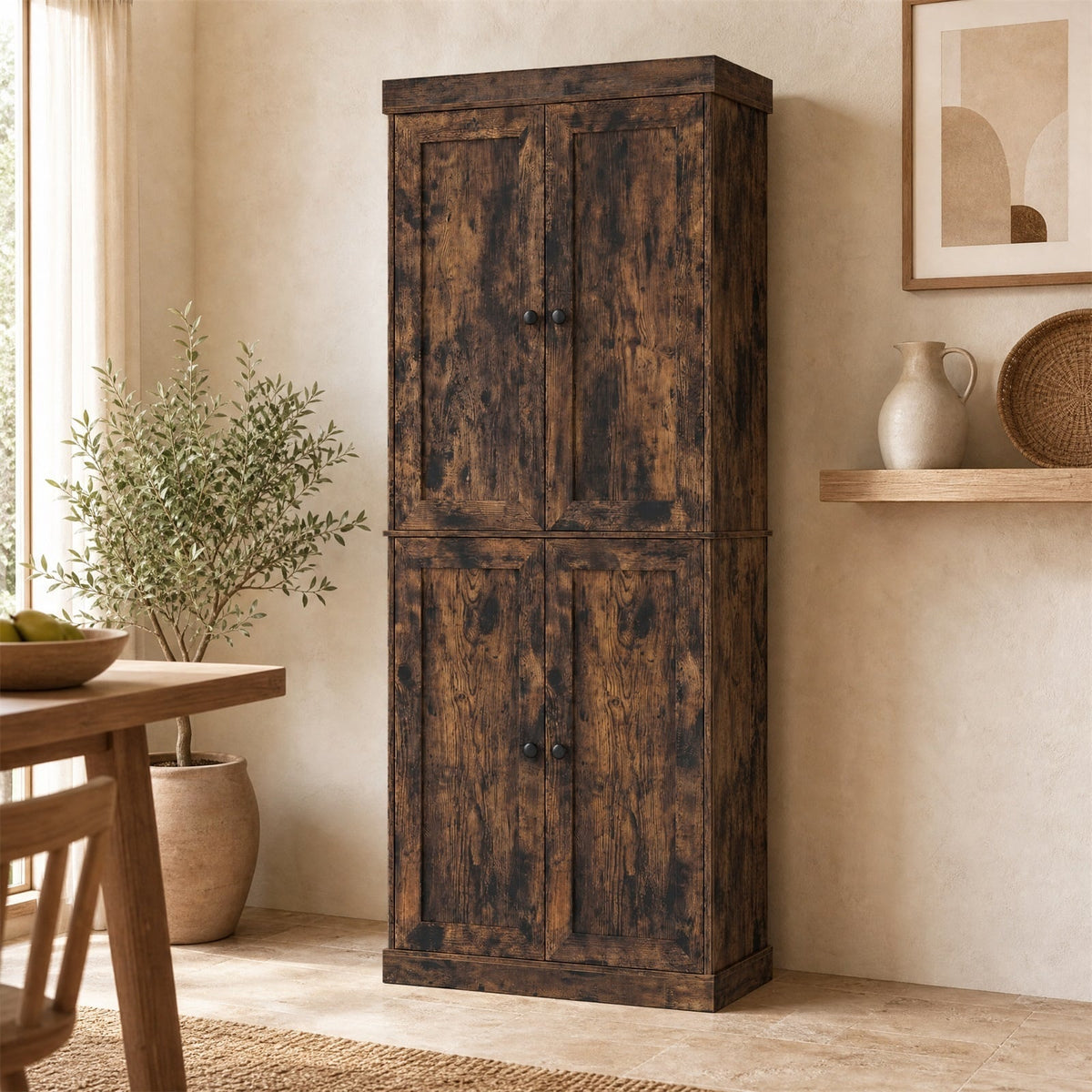 4-Door Modern Freestanding Storage Organizer with 2 Adjustable Shelves in Rustic Brown, image 6