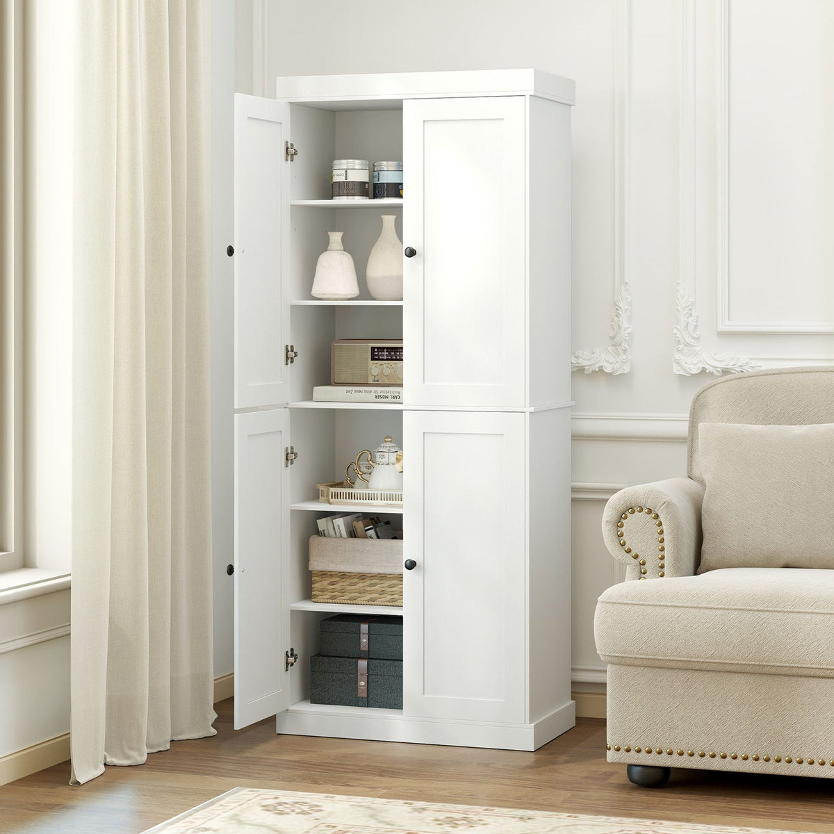 4-Door Modern Freestanding Storage Organizer with 2 Adjustable Shelves-White