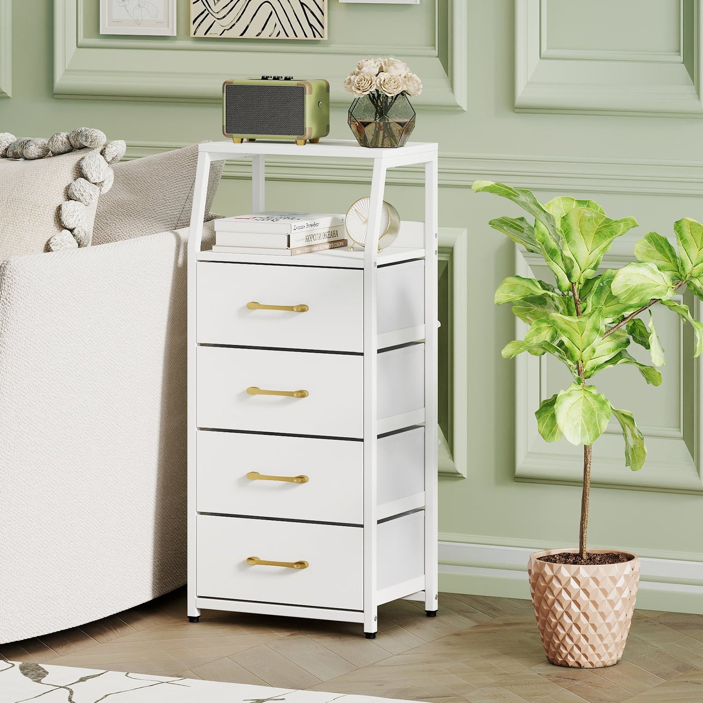 4-Drawer Storage Cabinet with Detachable and Foldable Fabric Drawers-White