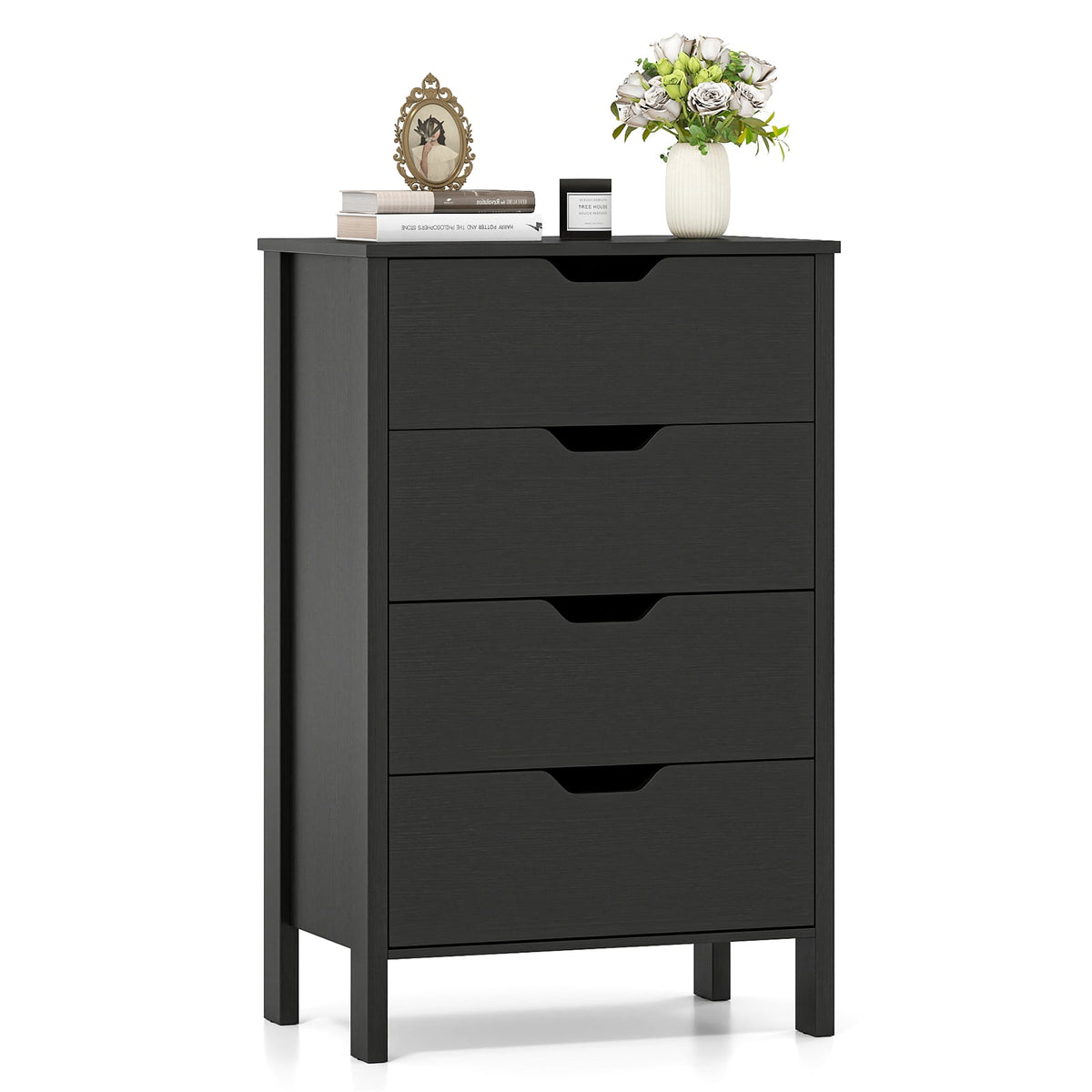4-Drawer Wooden Tall Utility Storage Dresser with Anti-Toppling Kits for Bedroom-Black